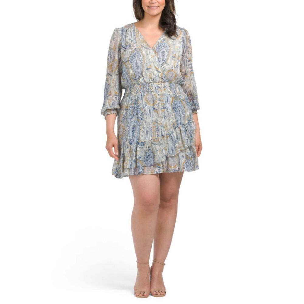 NWT Vince Camuto Parsley Print Ruffle Hem Smocked-Waist Long Sleeve Mini Dress - Picture 4 of 6